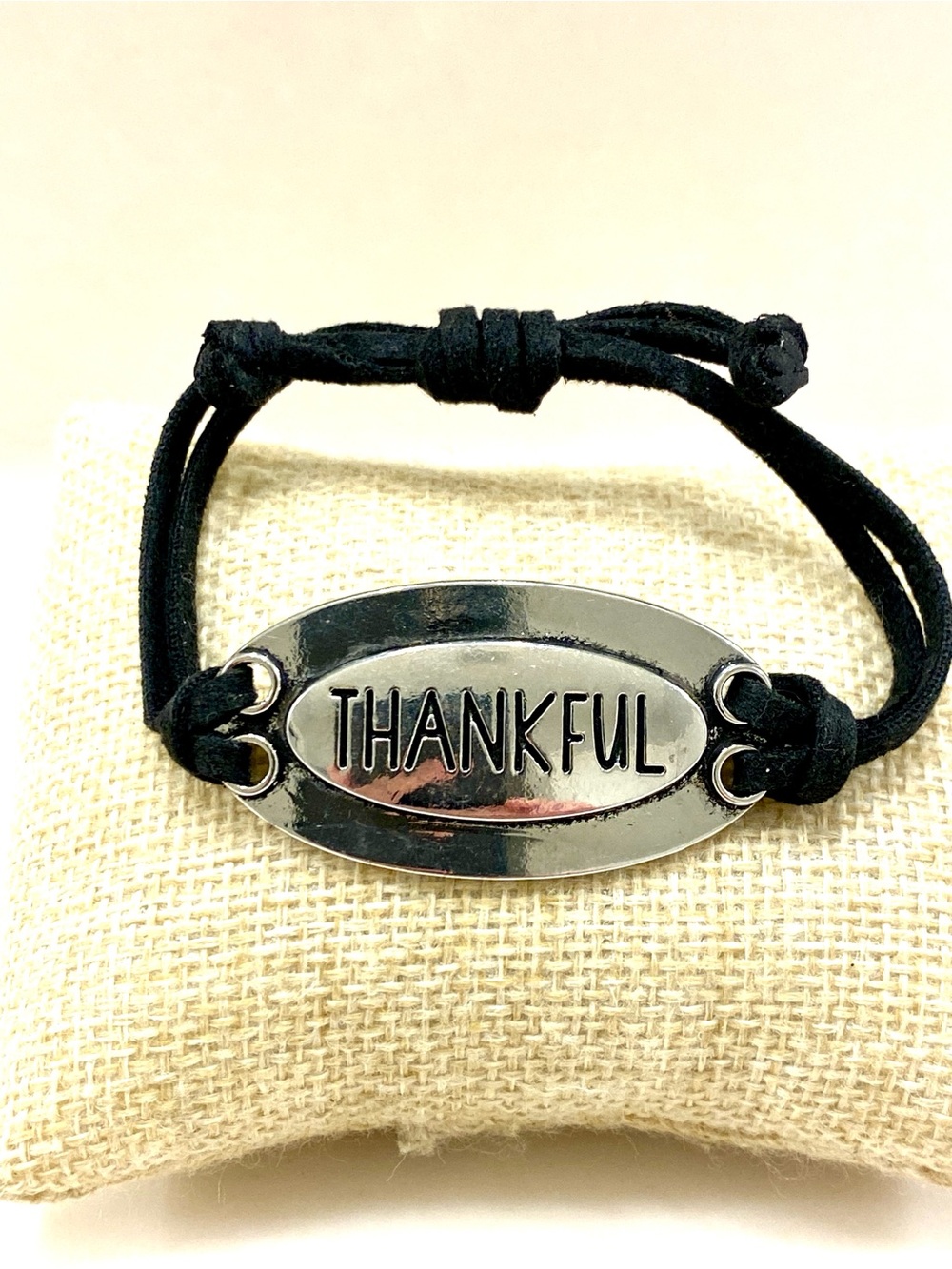 Thankful Silver Oval Plate Bracelet with Black Cord